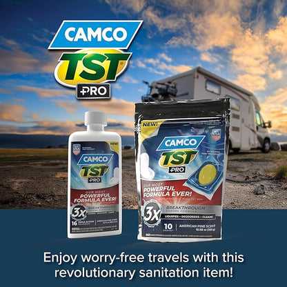 Camco TST PRO Camper/RV Toilet Treatment - Innovative Bio-Enzymatic Formula -Fastest Odor Stopper & RV Sewer Waste Breakdown - RV Black Tank Treatment - Fresh Pine Scent - Septic-Safe, 32-Oz (41771)