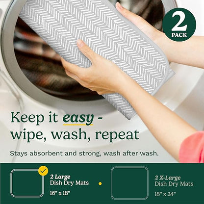 Cuisinart Dish Drying Mats for Kitchen Counter - (2) 16" x 18" Ultra Absorbent Kitchen Dish Drying Mat - Mesh Backing, Foldable, Machine Washable, Fast Drying Dish Mat (Dashed Lines)
