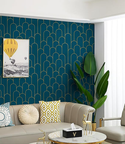 Yasinet Peel and Stick Wallpaper Blue and Gold Wallpaper Blue Geometric Contact Paper Removable Self-Adhesive Stripe Waterproof Wall Paper Decorative for Wall Bedroom Vinyl Film 17.3”x118”
