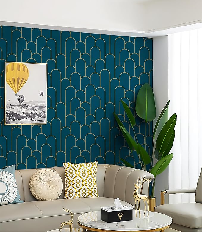 Yasinet Peel and Stick Wallpaper Stripe Removable Blue Contact Paper Blue/Gold Geometric Self Adhesive Decorative for Wall Countertop Cabinet Furniture Vinyl Film 17.3''x393.7''