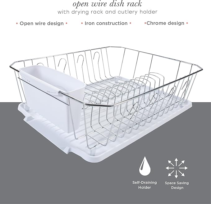 Kitchen Details 3 Piece Dish Rack | Drying Rack, Cutlery Basket & Drainboard Tray | Countertop | Self Draining | Open Wire Design | Chrome | White