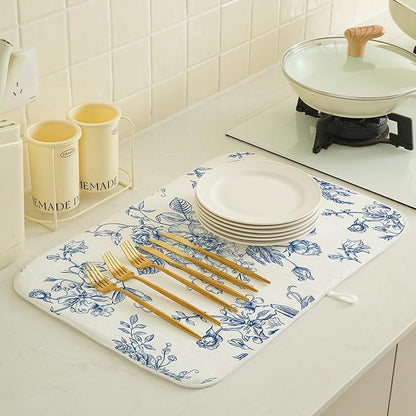 Blue Floral Dish Drying Mats 18x24 Inch Blue and White Chinoiserie Flower Drying Mats Seasonal Vintage Decorative Coffee Bar Mat Absorbent Fast Drying for Kitchen Dining Room Decor