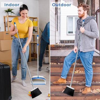 Broom and Dustpan Set with Long Handle 52", Standing Broom and Dust Pan Set for Home Kitchen Room Office Lobby Blue