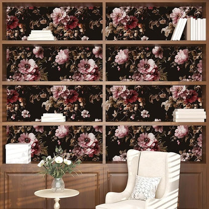 Black Floral Wallpaper Peel and Stick Pink Peony Vintage Flowers with Dark Brown Leaf Vinyl Self Adhesive Removable Contact Paper Wall Mural for Bedroom Walls Living Room Cabinets Decor 17.5" x 118"