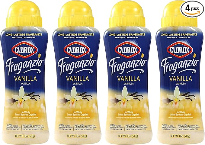Clorox Fraganzia Laundry Scent Booster Crystals,In-Wash Fragrance Beads for Fresh-Smelling Clothes & Linens,Safe for All Fabrics & Colors,Easy-Pour Bottle,Vanilla Scent,18 Oz,(Pack of 4)