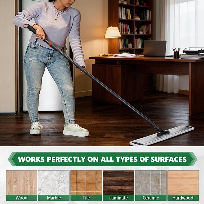 24in Flat Mop for Cleaning Floors, Heavy-Duty Microfiber Wet Mop with Easy Wringing & Deep Cleaning, Includes 4 Reusable Mop Cloths and Adjustable Long Handle