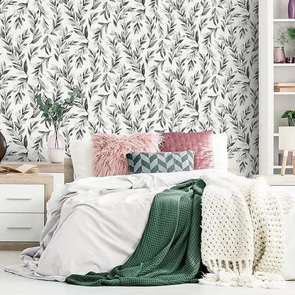 Livebor Olive Leaf Wallpaper Peel and Stick Leaf Contact Paper 17.7inch x 196.8inch Sage Green Peel and Stick Wallpaper Modern Farmhouse Wall Paper Neutral Removable Self Adhesive Decorative Vinyl