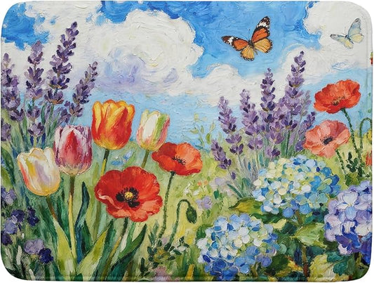 Spring Floral Dish Drying Mat for Kitchen Counter 18x24 Green Purple Blue Flower Butterfly Summer Absorbent Reversible Microfiber Seasonal Drying Mats Kitchen Countertop Protector Dishes Drainer Pad