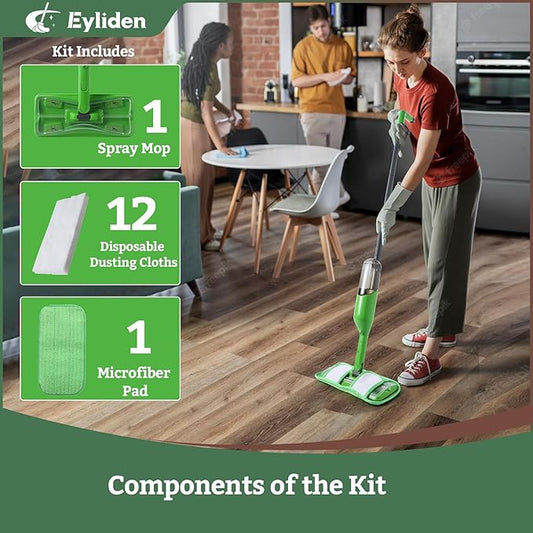 Eyliden Spray Mop for Small Spaces - 360° Swivel Mop with 12 Disposable Cloths, 1 Reusable Pad, 13oz Refillable Bottle | Perfect for Apartments, Dorms & Compact Living