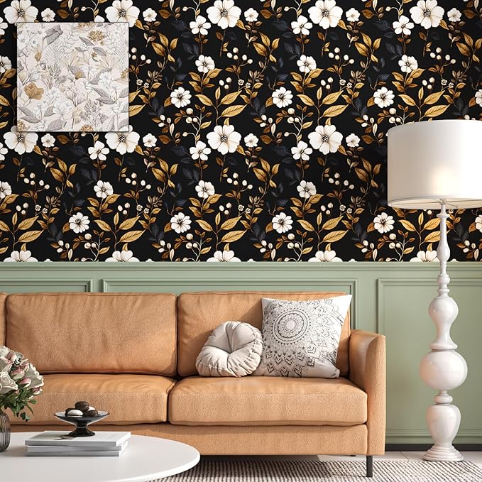 Fvlow Vintage Black Floral Wallpaper Peel and Stick 17.4" x 118", Retro Golden Leaf White Flower Pattern Contact Paper Classic Removable Covering for Bedroom Bathroom Cabinet Drawer Home Decor Dark