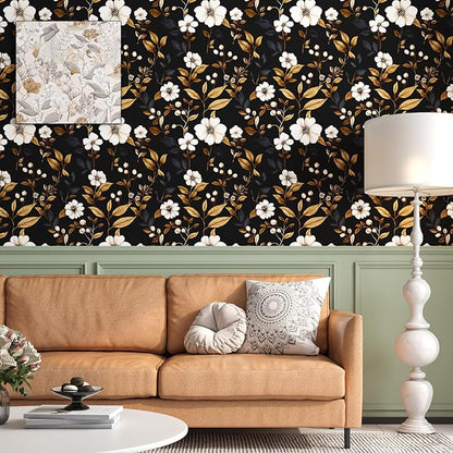 Fvlow Vintage Black Floral Wallpaper Peel and Stick 17.4" x 118", Retro Golden Leaf White Flower Pattern Contact Paper Classic Removable Covering for Bedroom Bathroom Cabinet Drawer Home Decor Dark