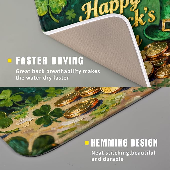St Patrick's Day Dish Drying Mat for Kitchen Counter 16x18 Gold Green Lucky Clover Hat Coin Happy Holiday Absorbent Reversible Microfiber Drying Mats Kitchen Countertop Protector Dishes Drainer Pad