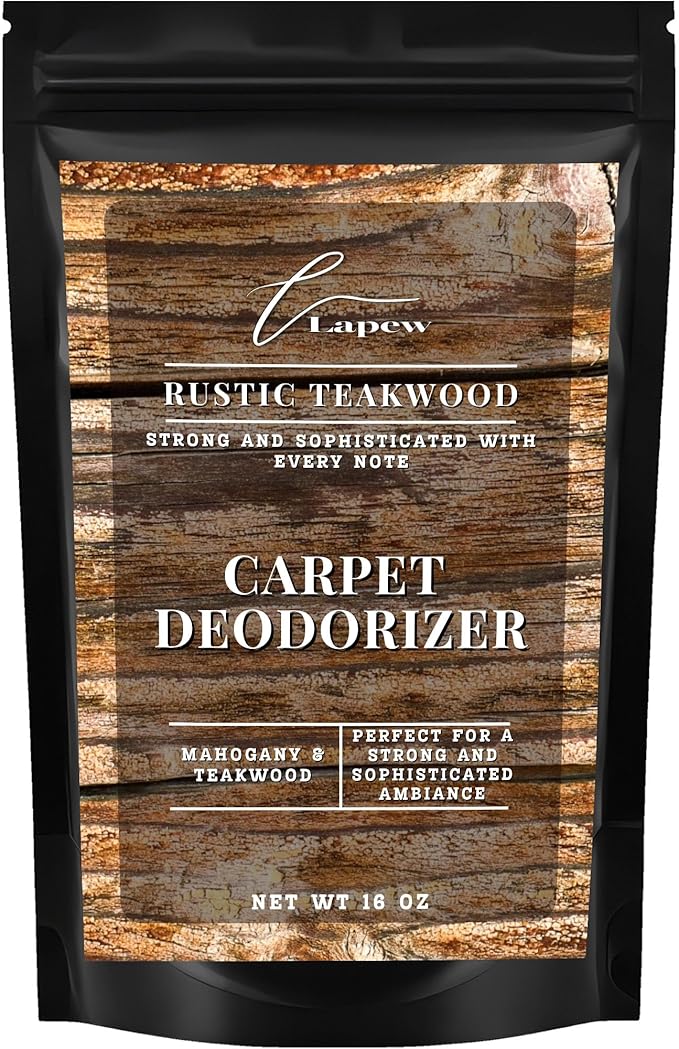 Lapew Rustic Teakwood Carpet Deodorizer Powder - Pet Safe Freshener for Vacuuming | Scented Odor Eliminator for Home | 16 oz