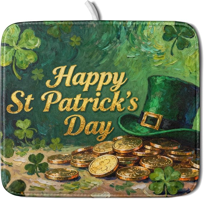 St Patrick's Day Dish Drying Mat for Kitchen Counter 16x18 Gold Green Lucky Clover Hat Coin Happy Holiday Absorbent Reversible Microfiber Drying Mats Kitchen Countertop Protector Dishes Drainer Pad