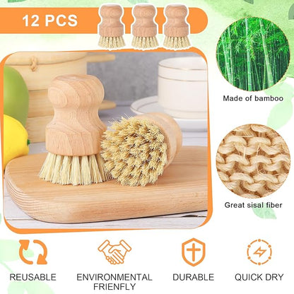 cobee 12Pcs Bamboo Dish Scrub Brushes, Kitchen Dishwashing Scrubber with Natural Sisal Bristles Round Wooden Dish Scrubber Brush for Iron Pot Pan Food Kitchen Sink Fruit Vegetable Wash