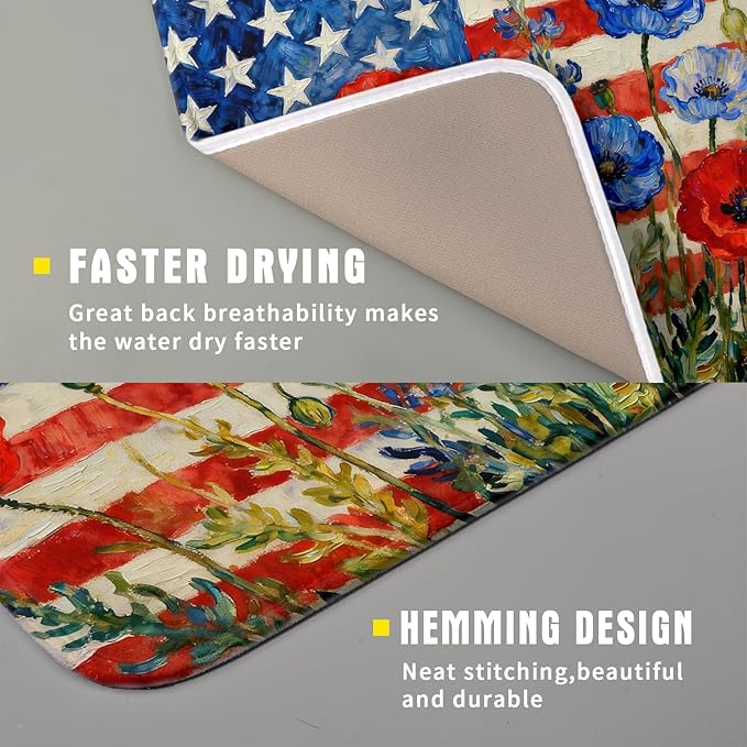 4th of July Patriotic Dish Drying Mat for Kitchen Counter 16x18 Red Blue White Floral American Flag Holiday Absorbent Reversible Microfiber Drying Mats Kitchen Countertop Protector Dishes Drainer Pad
