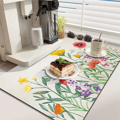 LOKHOM Dish Drying Mat for Kitchen Counter, 18"x24" Absorbent Coffee Bar Mat with Spring Floral, Dish Drainer Rack Mat for Kitchen Counter