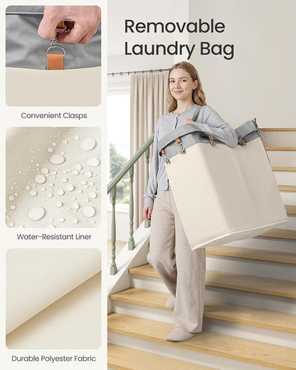 SONGMICS Laundry Basket with Wheels, 2-Section Rolling Laundry Hamper, 37 Gallons (140 L), Removable Liner, Steel Frame with Handle, 27.2 x 15.4 x 31.9 Inches, Dove Gray and Cream White URLS004GD02
