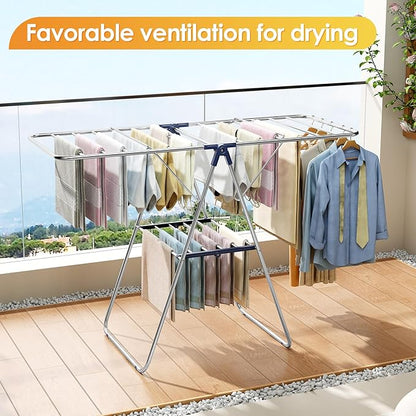 KINGBOARD Clothes Drying Rack,Stainless Steel Laundry Drying Rack with Height-Adjustable, Foldable Gullwing for Easy Storage, No Assembly, Indoor Outdoor Use, 56.4" D x 21.6" W x 39.3" H, Blue