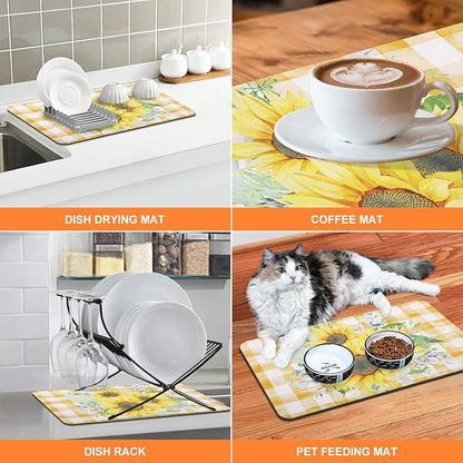 LOKHOM Dish Drying Mat for Kitchen Counter, 12"x20" Absorbent Coffee Bar Mat with Sunflowers, Vintage Floral Dish Drainer Rack Mats for Kitchen Counter Coffee Maker Pot Dining Room Decoration