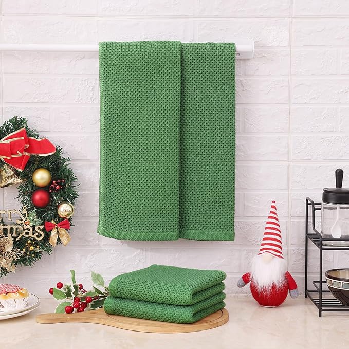 Kitinjoy 100% Cotton Waffle Weave Kitchen Hand Towels (13 x 28 Inches, Grass Green), 4-Pack Super Soft and Absorbent Dish Towels for Drying Dishes