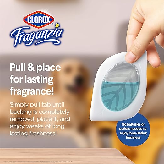 Clorox Fraganzia Small Room Air Freshener in Fresh Ocean Breeze, 2ct | Peel & Place Air Freshener, No-Plug, Battery-Free for Closets, Laundry Room, Entry Way, Bathroom, Locker, 2 Units
