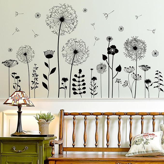 Black Dandelion Wall Decals Peel and Stick - Large Floral Wall Art Stickers with Flying Flowers, Boho Vintage Removable Vinyl Decor for Bedroom Living Room Nursery Bathroom