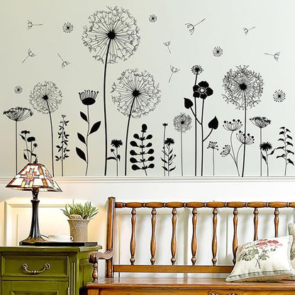 Black Dandelion Wall Decals Peel and Stick - Large Floral Wall Art Stickers with Flying Flowers, Boho Vintage Removable Vinyl Decor for Bedroom Living Room Nursery Bathroom