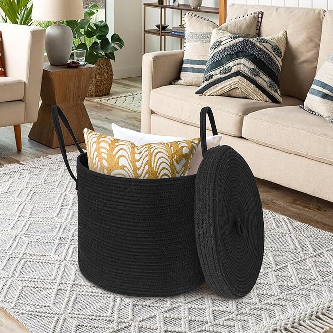 15" X 13" Large Black Basket with Lid, Cotton Rope Storage Basket for Blanket, Toy, Pillow, Towel, Laundry, Wicker Living Room Bedroom Storage Bin, Black Woven Organizing Basket with Cover