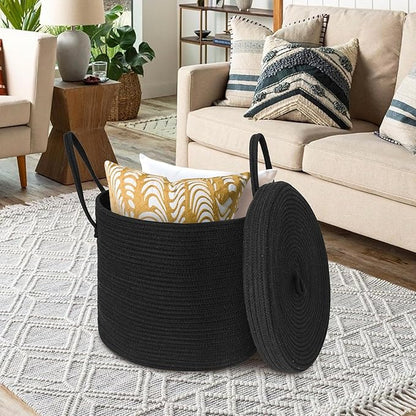 15" X 13" Large Black Basket with Lid, Cotton Rope Storage Basket for Blanket, Toy, Pillow, Towel, Laundry, Wicker Living Room Bedroom Storage Bin, Black Woven Organizing Basket with Cover