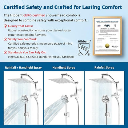 Hibbent All Metal cUPC Certified Shower Head, 8'' High Pressure Rainfall Shower Head, Handheld Showerhead Combo with 16'' Adjustable Extension Arm, 10 Sprays, 71'' Hose, Showerhead Holder, Chrome