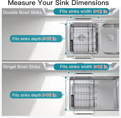 Dish Drying Rack Over the Sink In Stainless Steel Black Expandable Drainer for Small Kitchen, Counter Space Saving Compact Inside Sink Plate Dryer, Adjustable Hanging Metal Wire Strainer Drain Holder