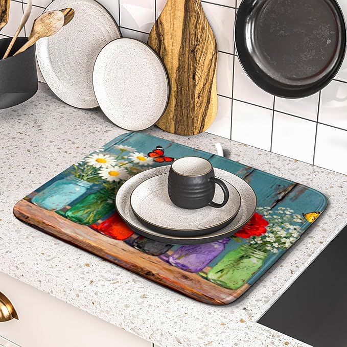 Floral Dish Drying Mat for Kitchen Counter 16x18 Spring Summer Daisy Flower Vases Farmhouse Decorative Small Drying Mats Rustic Vintage Absorbent Reversible Microfiber Dishes Drainer Pad