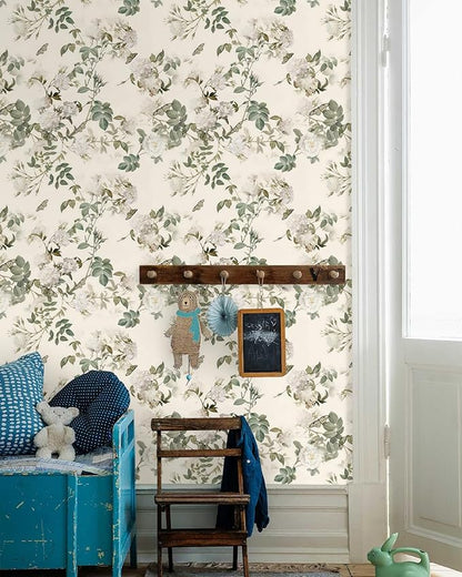 Wudnaye Vintage Floral Peel and Stick Wallpaper Beige Flower Contact Paper16.9’’×196’’Green Leaf Self Adhesive Removable Wallpaper Floral Rose Wall Paper Waterproof for Bathroom Bedroom Cabinets Decor