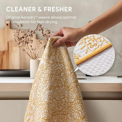 RECYCO Waffle Kitchen Towel Set of 2 - Quick Dry Microfiber Sustainable Dish Towels - Ultra Absorbent Reusable Cleaning Tea Towels - Lightweight Hand Towels,16”x 28”, Marigold Mosaic