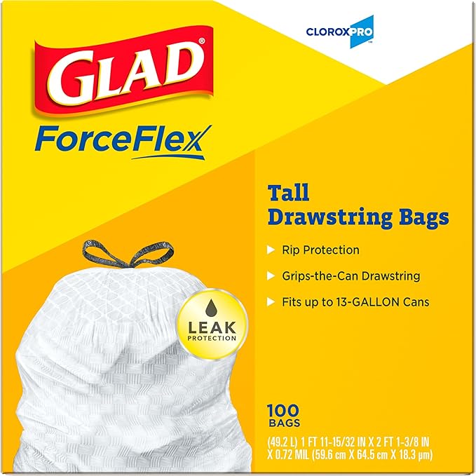 CloroxPro Glad ForceFlex Tall Drawstring Trash Bags,13 Gal,100 Ct (Pack May Vary),(Pack of 4)
