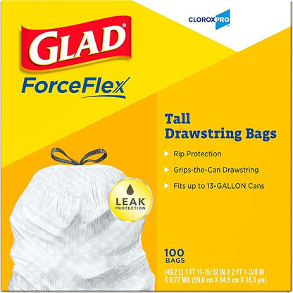 CloroxPro Glad ForceFlex Tall Drawstring Trash Bags,13 Gal,100 Ct (Pack May Vary),(Pack of 4)
