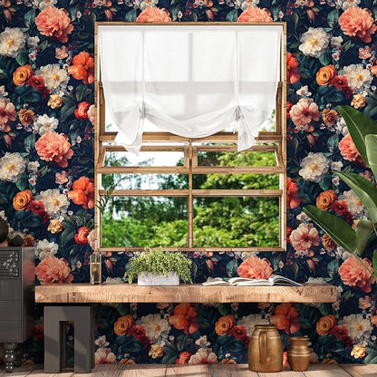 Vintage Black Floral Wallpaper, Retro Dark Colorful Flower Self Adhesive Contact Paper for Cabinet Bathroom Powder Room, Vinyl Moody Boho Botanical Flower Design Accent Wall Art 17.5In x 118In