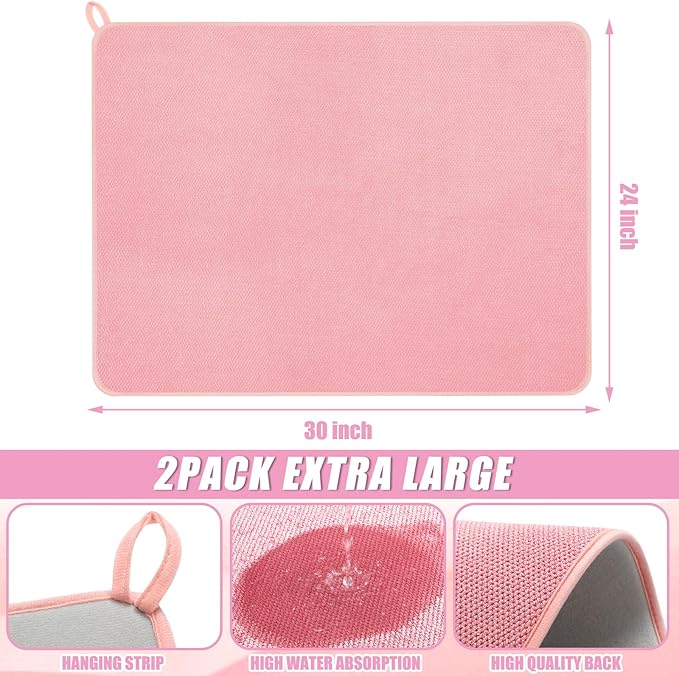 Hushee 2 Pack Extra Large Dish Drying Mat Microfiber Absorbent Dish Drying Pad Large Size Dishes Drainer Mats for Countertop, Sink, Refrigerator or Dryer (30 x 24 Inch,Pink)