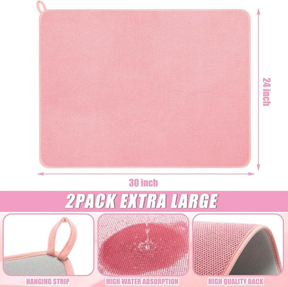 Hushee 2 Pack Extra Large Dish Drying Mat Microfiber Absorbent Dish Drying Pad Large Size Dishes Drainer Mats for Countertop, Sink, Refrigerator or Dryer (30 x 24 Inch,Pink)