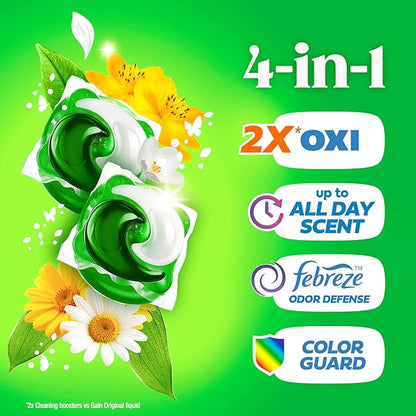 Gain Flings Liquid Washing Detergent Pacs, Now with Odor Defense + Color Guard, Original Scent, 4-In-1 Liquid Laundry Detergent Pods, Clean & Fresh, 76 Count (Packaging May Vary)
