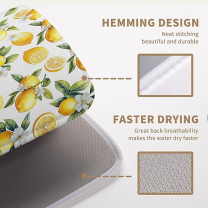 Lemon Dish Drying Mat Spring Summer Kitchen Dish Drying Pad Absorbent Drying Mat for Countertops Dish Dryer Mat Microfiber Dishes Drainer Pad Dish Drying Rack Mat (18x24 in)