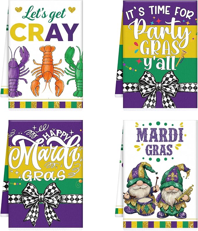 Mardi Carnival Gras Kitchen Towels, 4PCS Let's Get Cray Dish Towels for Cooking Cleaning, Gnome and Crawfish Absorbent Tea Towel with Hanging Loop for Home Decor(16 X 24 Inches)