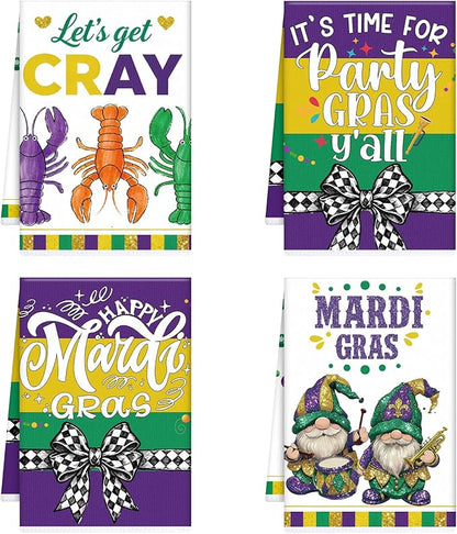 Mardi Carnival Gras Kitchen Towels, 4PCS Let's Get Cray Dish Towels for Cooking Cleaning, Gnome and Crawfish Absorbent Tea Towel with Hanging Loop for Home Decor(16 X 24 Inches)