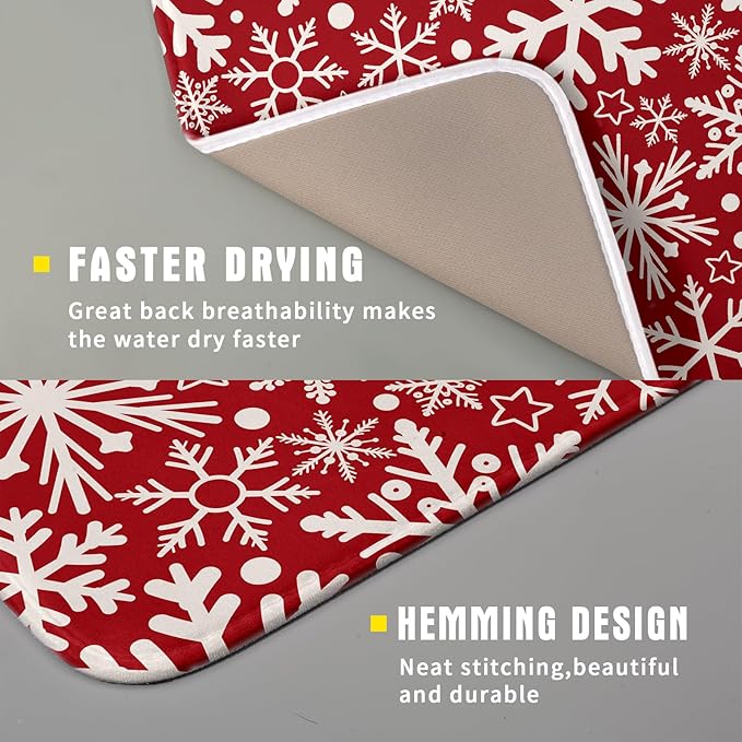 Christmas Dish Drying Mat for Kitchen Counter 16x18 Dark Red Snowflake Winter Xmas Holiday Absorbent Reversible Microfiber Drying Mats Kitchen Countertop Protector Dishes Drainer Pad