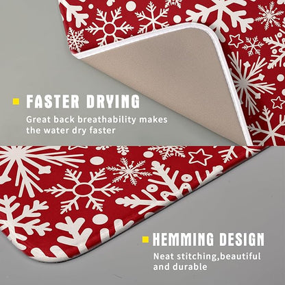 Christmas Dish Drying Mat for Kitchen Counter 16x18 Dark Red Snowflake Winter Xmas Holiday Absorbent Reversible Microfiber Drying Mats Kitchen Countertop Protector Dishes Drainer Pad