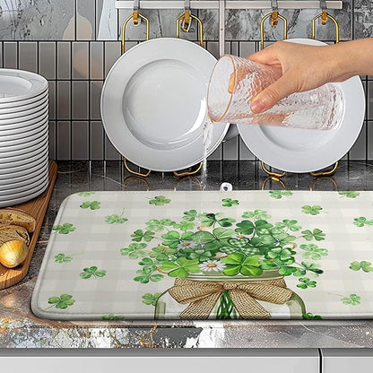 St Patricks Day Shamrock Dish Drying Mat Green Spring Kitchen Dishes Drying Pad Absorbent Dish Dryer Mats for Kitchen Countertops Microfiber Washable Large18x24 in