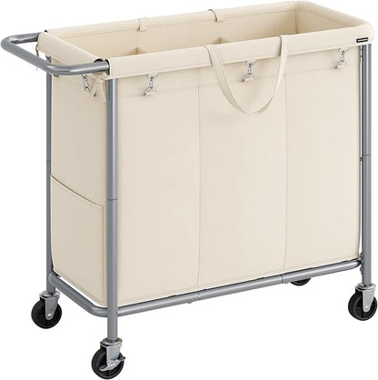 SONGMICS Laundry Basket with Wheels, 3-Section Rolling Laundry Hamper, 52.8 Gallons (200 L), Removable Liner, Steel Frame with Handle, 35.8 x 15.4 x 31.9 Inches, Cream White URLS005W01