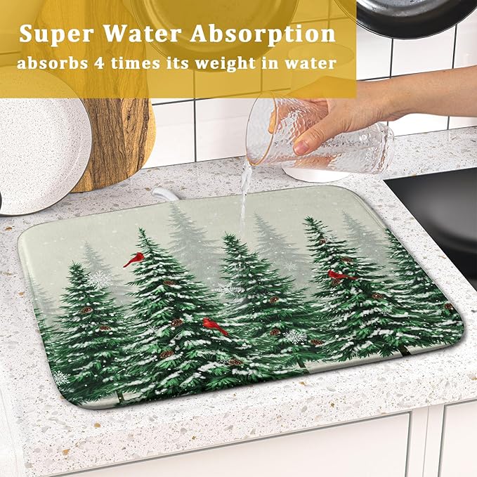 Winter Green Pine Tree Dish Drying Mat for Kitchen Counter,Red Bird Snowflake Drying Mat 16 x 18 Inch with High Absorbent Microfiber Drainer Mat for Coffee Bar
