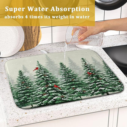 Winter Green Pine Tree Dish Drying Mat for Kitchen Counter,Red Bird Snowflake Drying Mat 16 x 18 Inch with High Absorbent Microfiber Drainer Mat for Coffee Bar